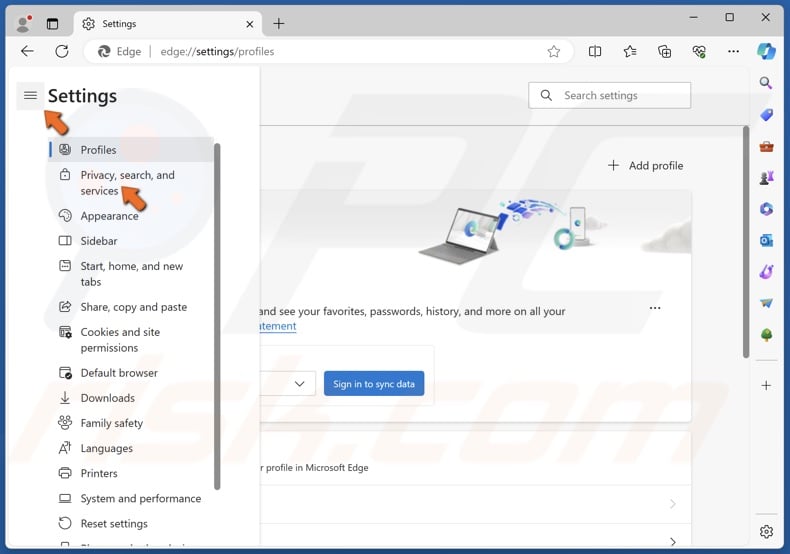 Select the Privacy, search, and services panel