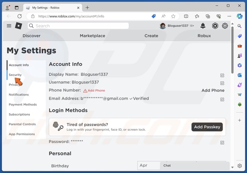 Select the Security panel