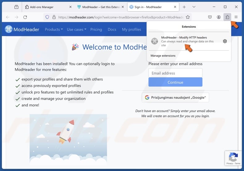 Click the Extensions icon and select ModHeader