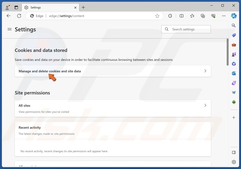 Click Manage and delete cookies and site data