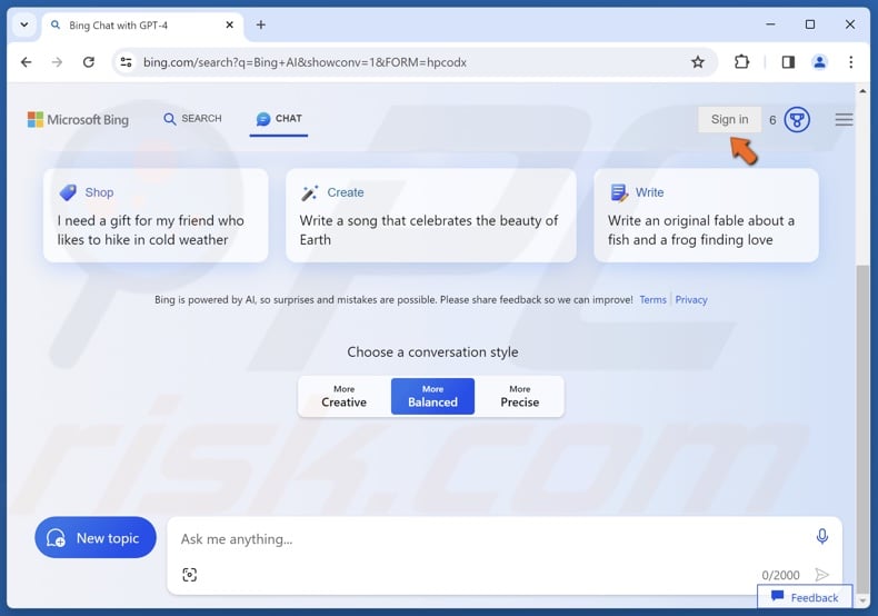 Open your browser and go to the Bing Chat website and click Sign in