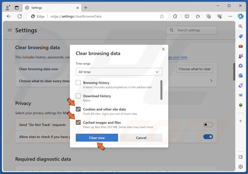 Cookies and other site data and Cached images and files checkboxes