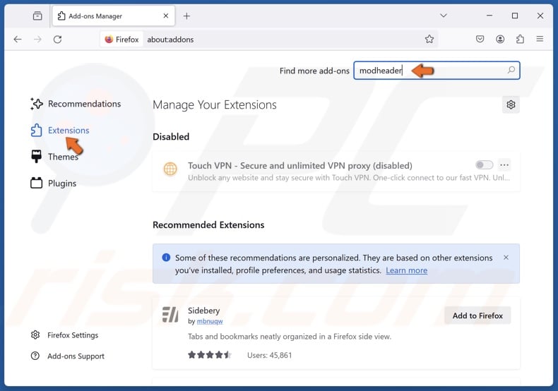 Type ModHeader in the search box and press Enter