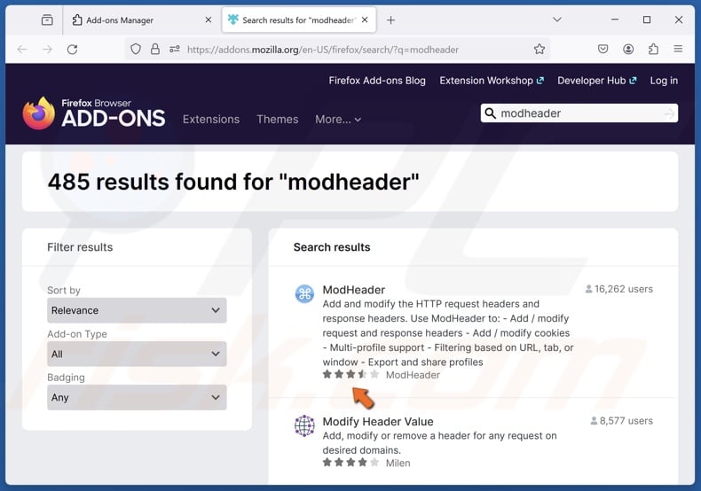 Select ModHeader in the search results
