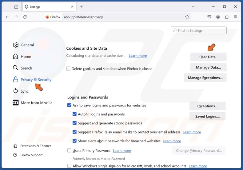 Select the Privacy & Security panel and click Clear Data