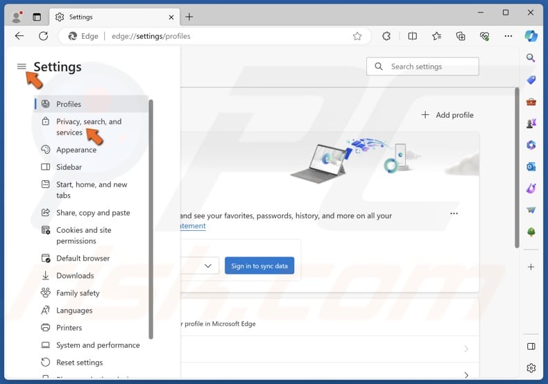 Select the Privacy, search, and services panel