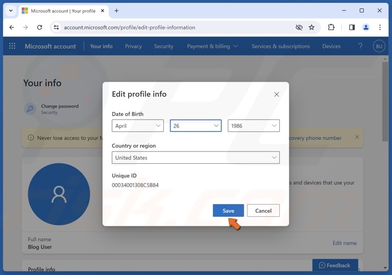 Set your correct date of birth and click Save