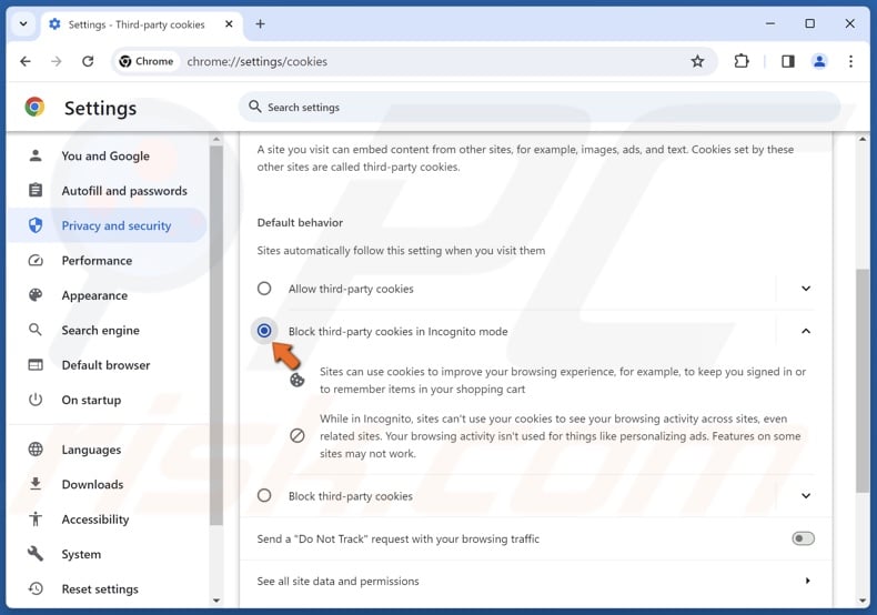 Tick the Block third-party cookies in Incognito mode option