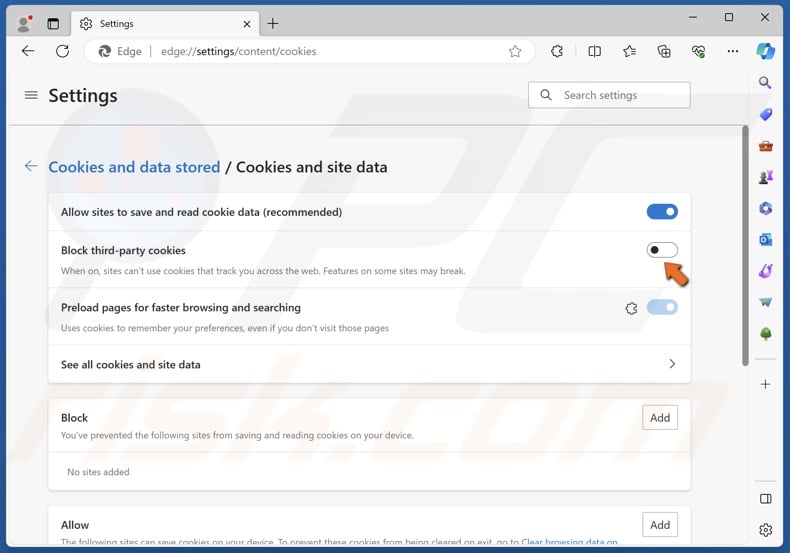 Toggle off the Block third-party cookies option