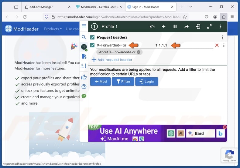 Type in x-forwarded-for and 1.1.1.1 in Firefox
