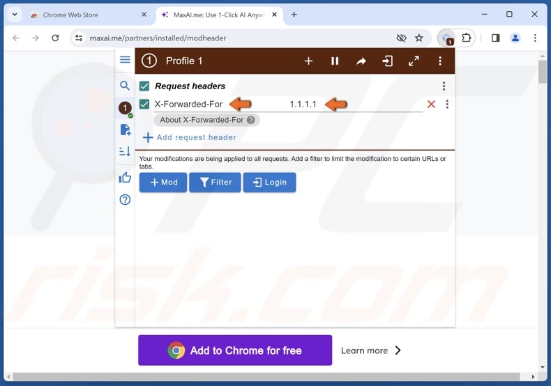 Type in x-forwarded-for and 1.1.1.1 in Chrome