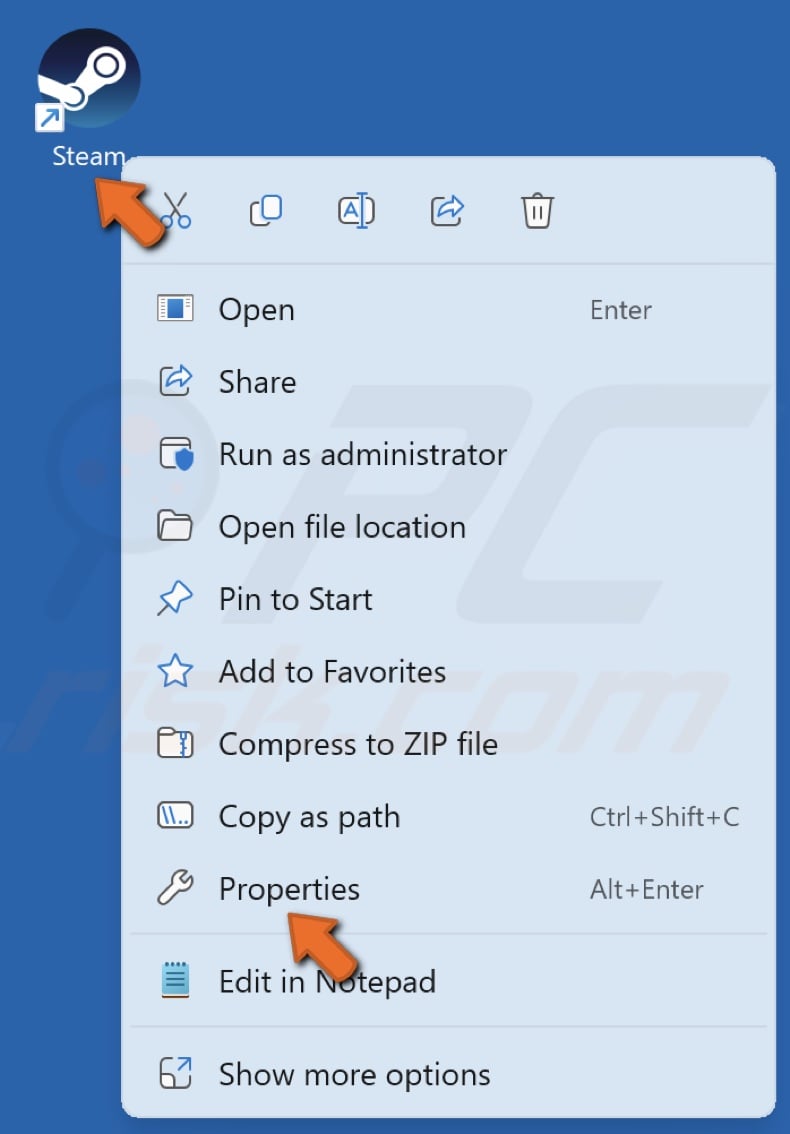 Right-click the Steam shortcut and click Properties
