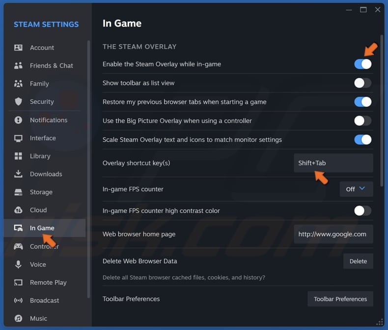 Select the In Game panel and toggle on the Enable the Steam Overlay while in-game option