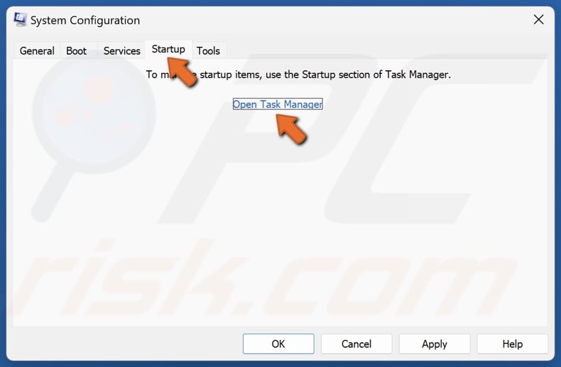 Select the Startup tab and click Open Task Manager