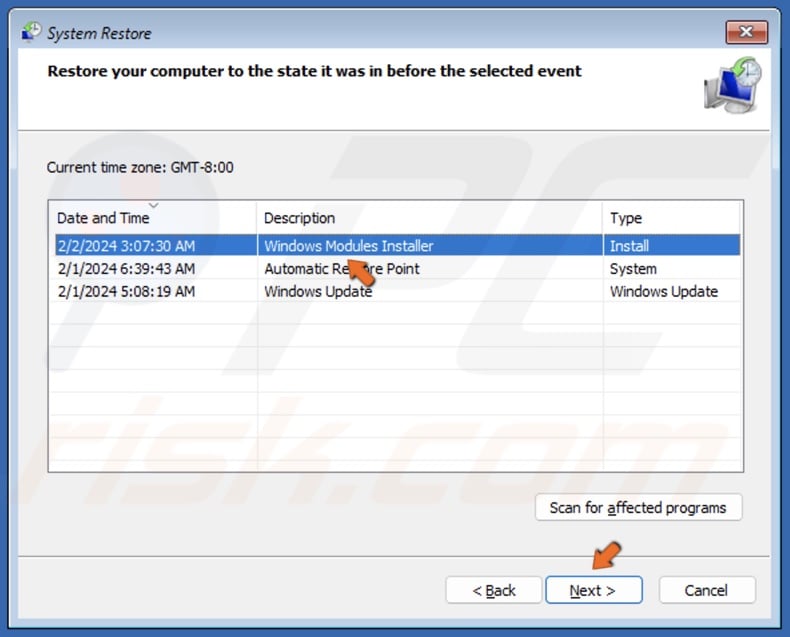 Select a restore point