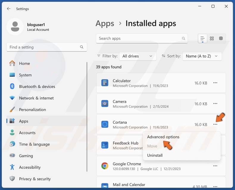 Click the three-dot button next to the app and click Advanced options