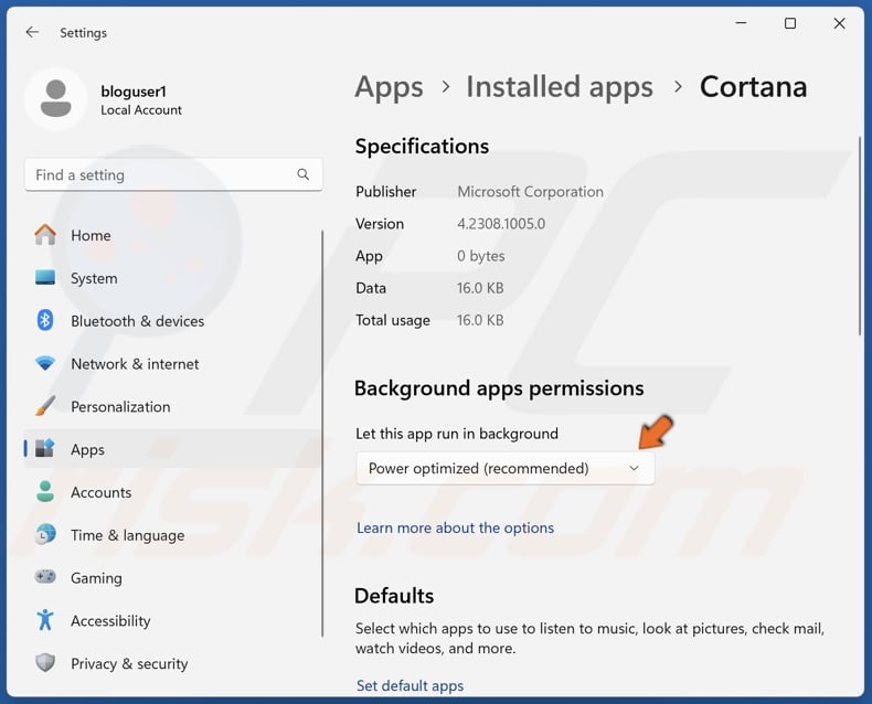 Open the Background apps permissions menu