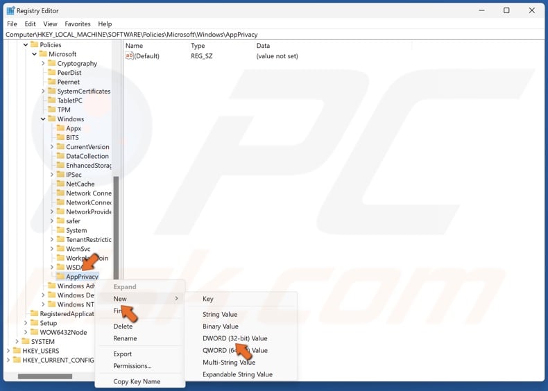 Right-click the AppPrivacy key, select New, and click DWORD (32-bit) Value