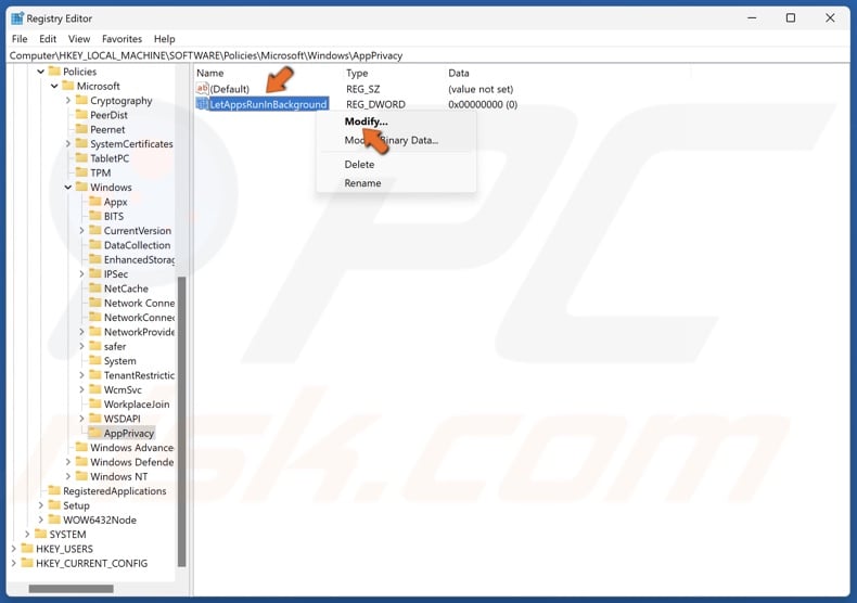 Right-click LetAppsRunInBackground and click Modify