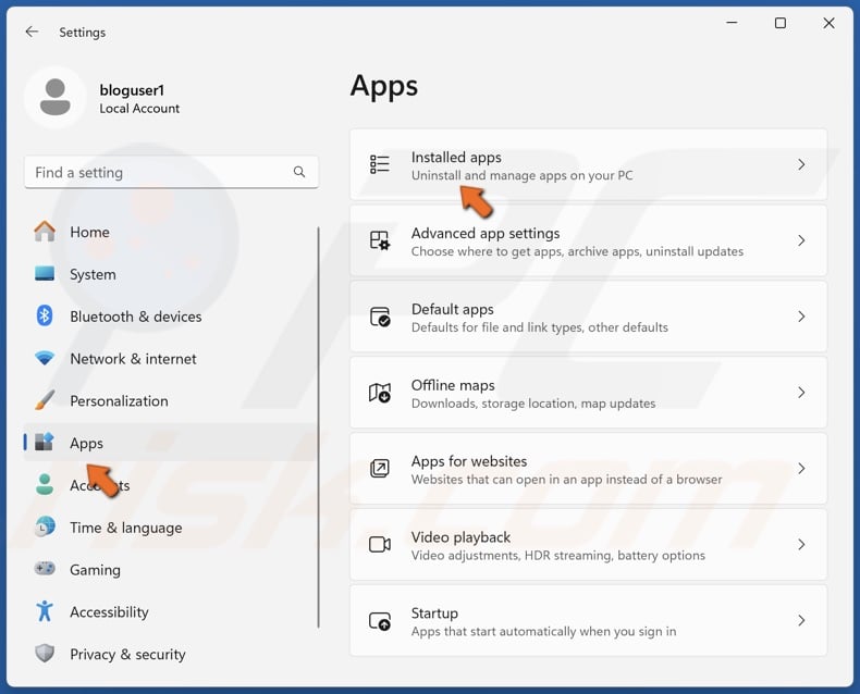 Select the Apps panel and click Installed apps