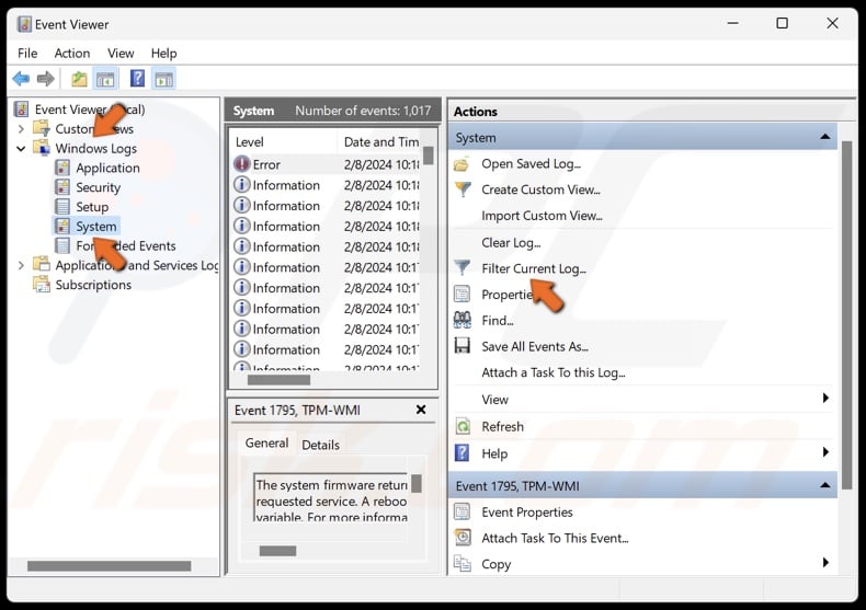 Go to Windows Logs and System and click Filter Current Log