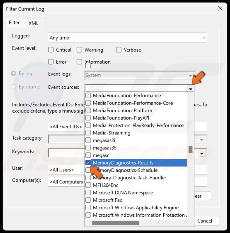 Open the Event sources drop-down menu and select MemoryDiagnostics-Results