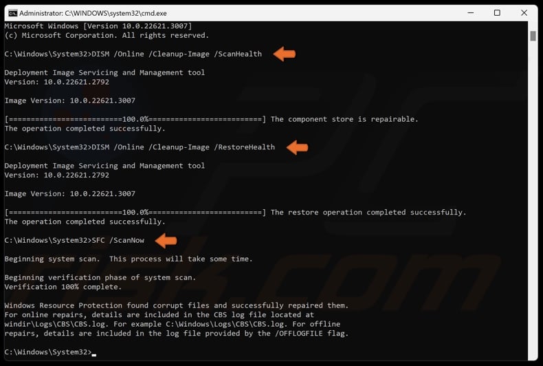 Execute DISM /ScanHealth, /RestoreHealth, and SFC /ScanNow command