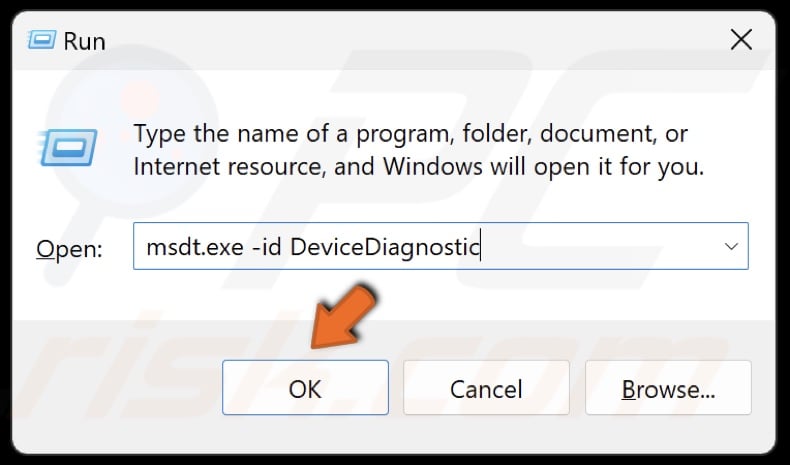 Type msdt.exe -id DeviceDiagnostic in Run and click OK