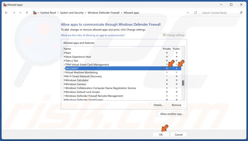Mark the checkboxes in the Private and Public columns next to VALORANT