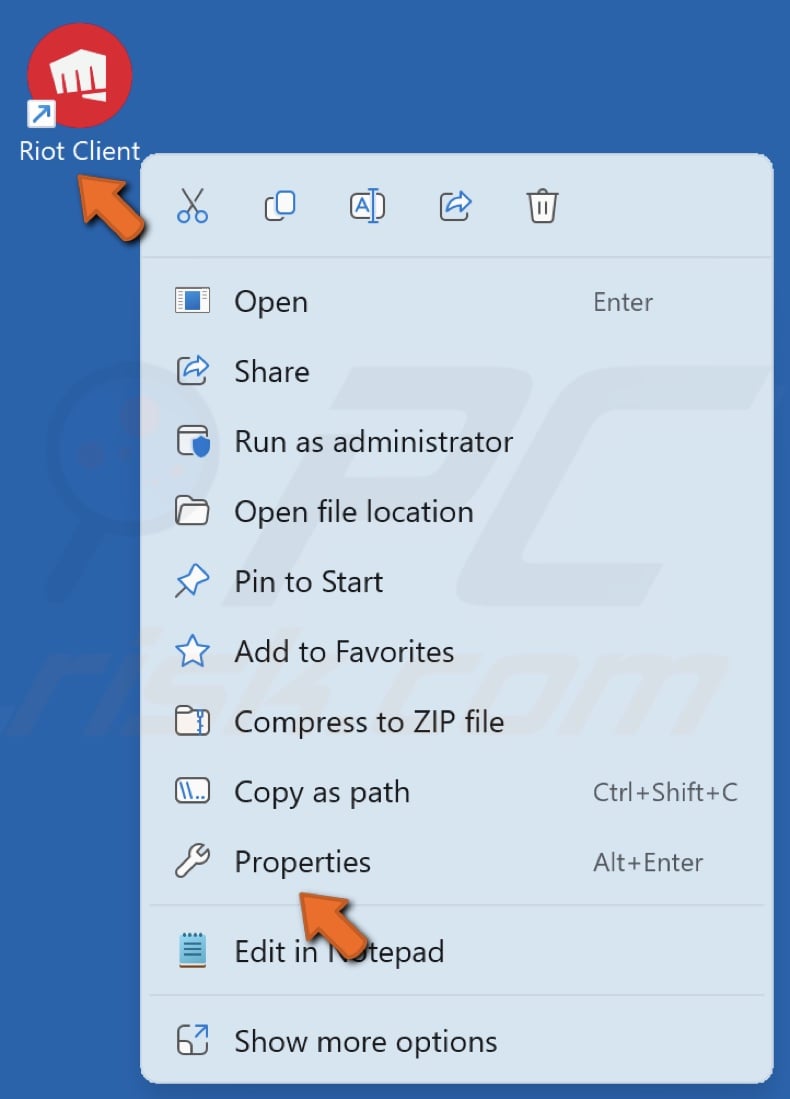 Right-click your Riot Client desktop shortcut and click Properties