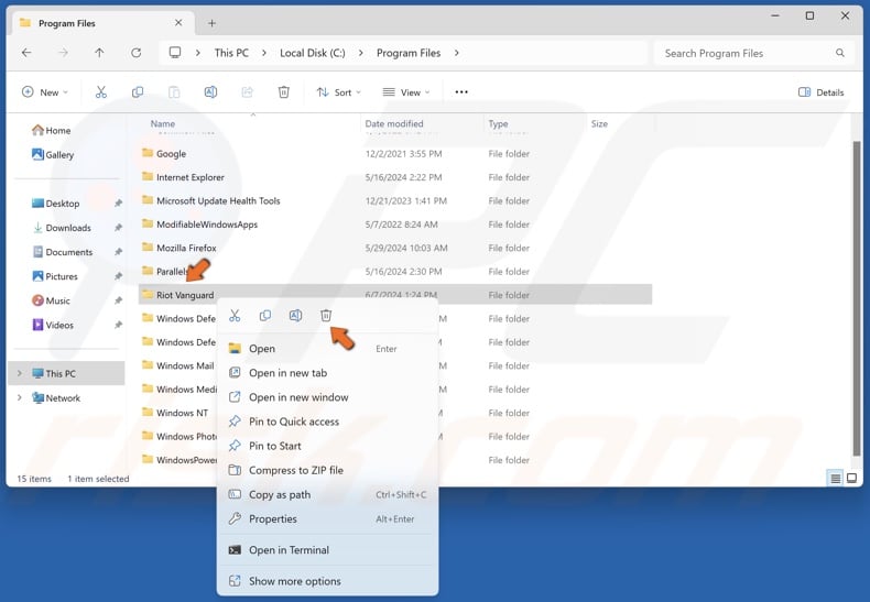 Right-click the Riot Vanguard folder and click Delete