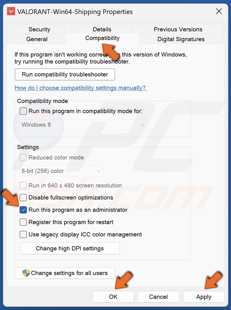 Mark the Run this program as an administrator checkbox