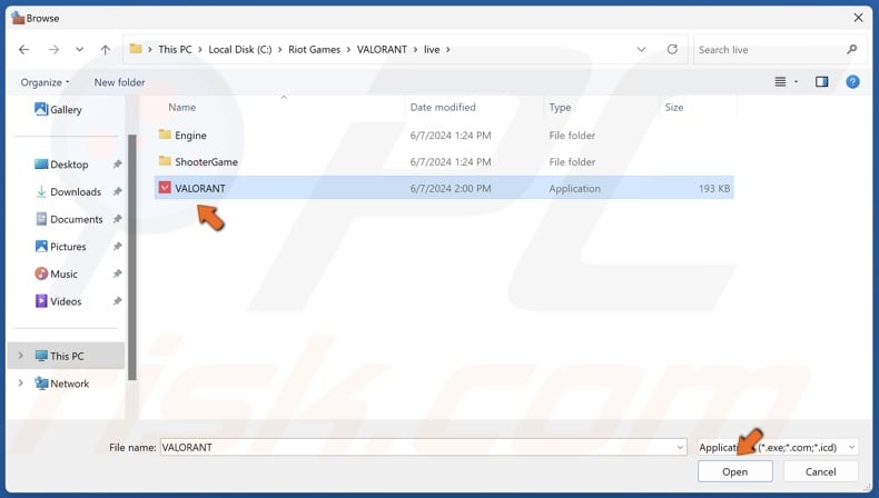 Select VALORANT.exe and click Open
