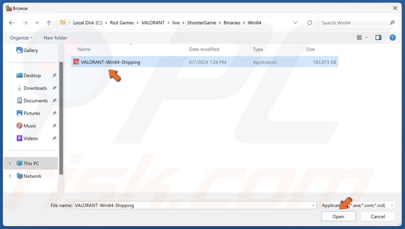 Select VALORANT-Win64-Shipping and click Open