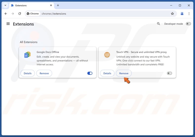 click Remove to uninstall the extension