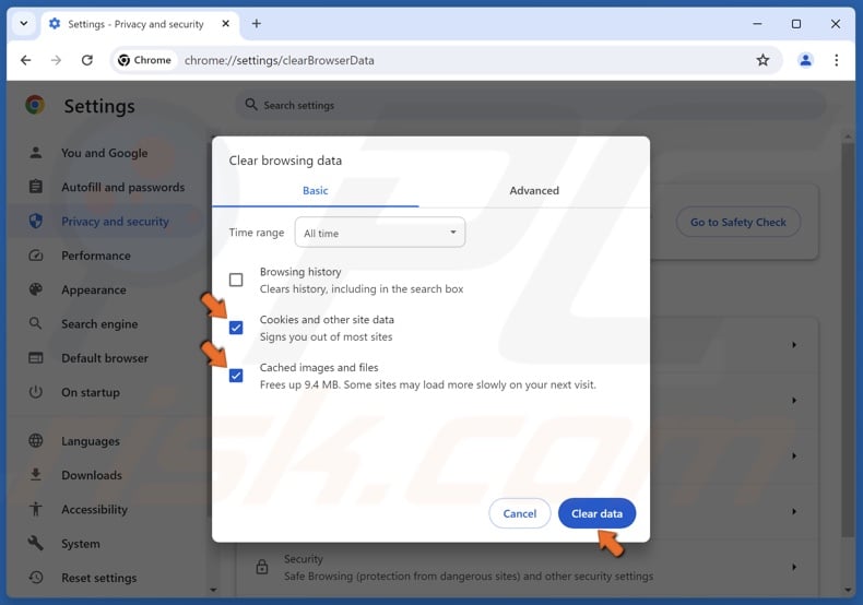 Ensure the Cookies and other site data, and Cached images and files checkboxes are marked and click Clear data