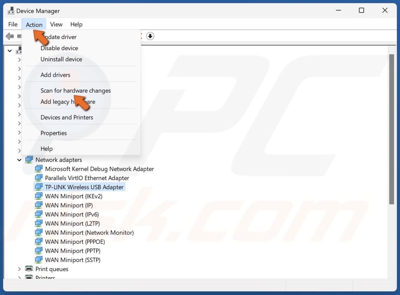 Click Action and click Check for hardware changes