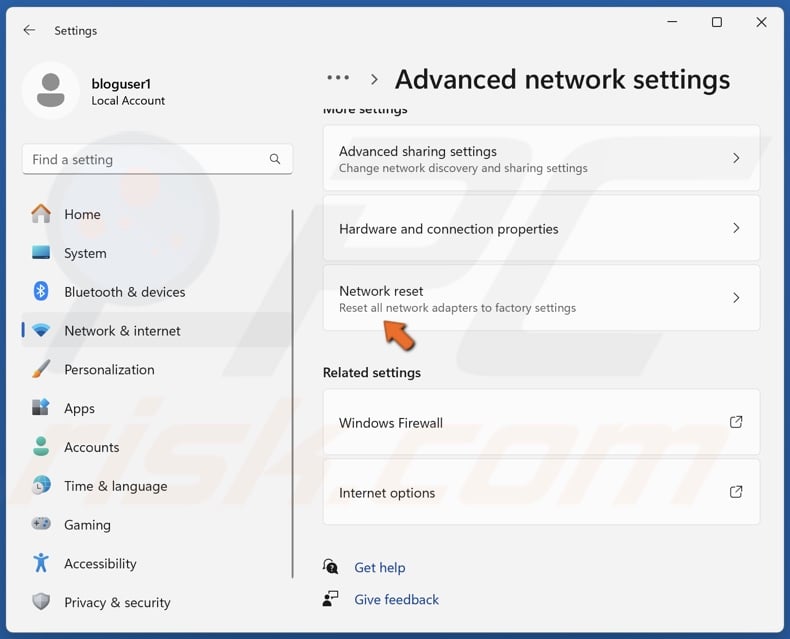 Select Network reset