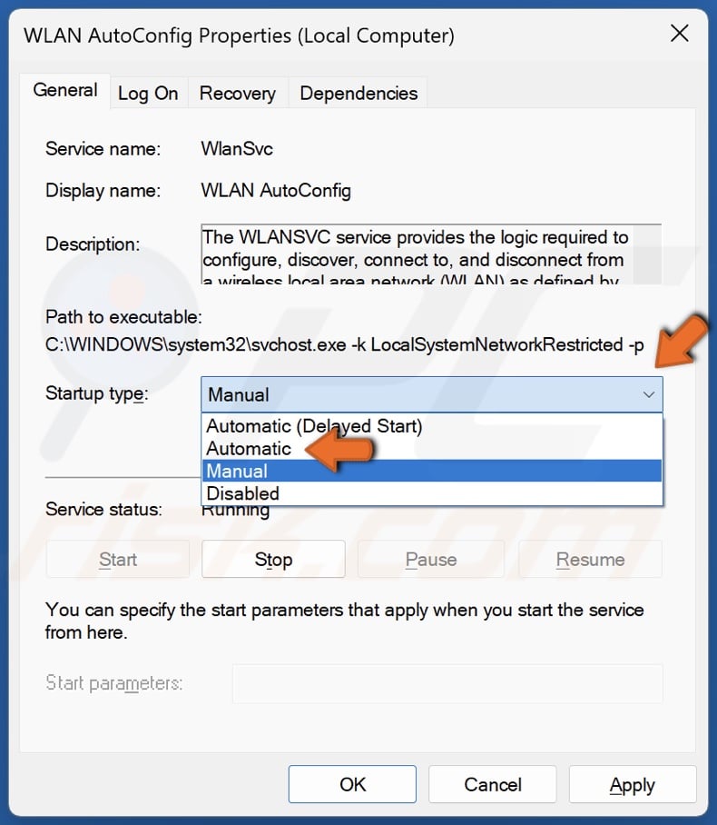 Open the Startup type menu and select Automatic