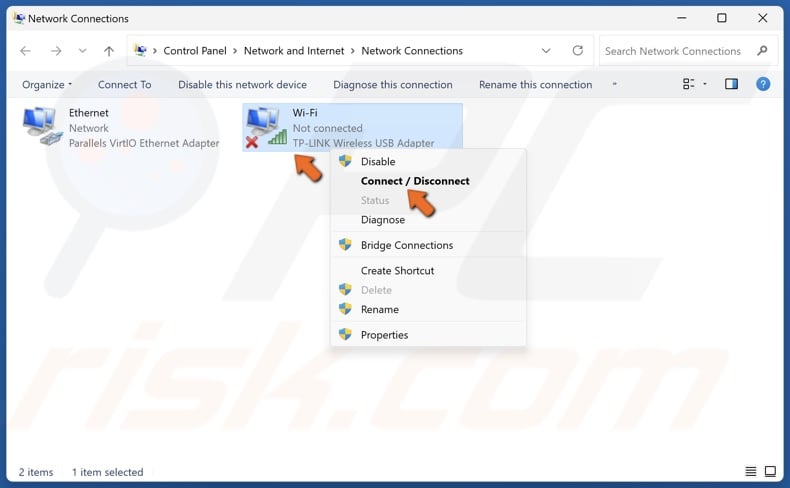 Right-click the WiFi adapter and click Connect / Disconnect