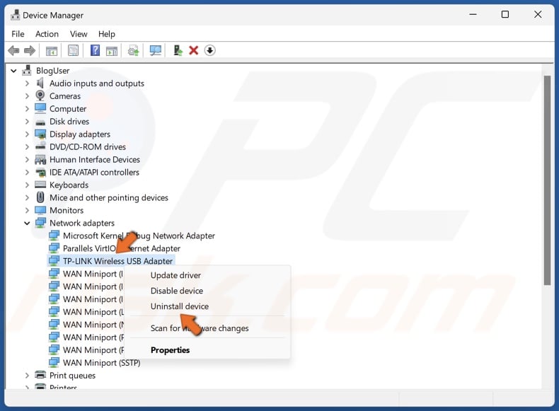Right-click your WiFi adapter and click Uninstall device