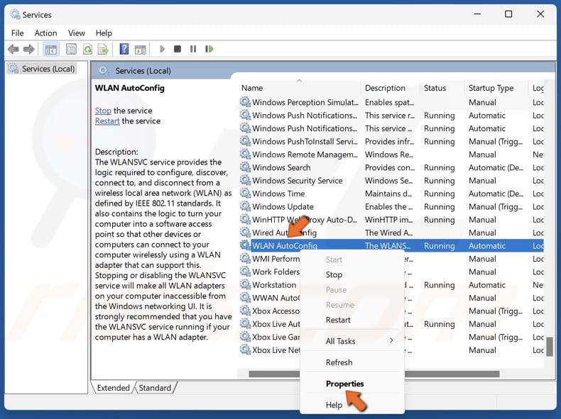 Right-click WLAN AutoConfig and click Properties