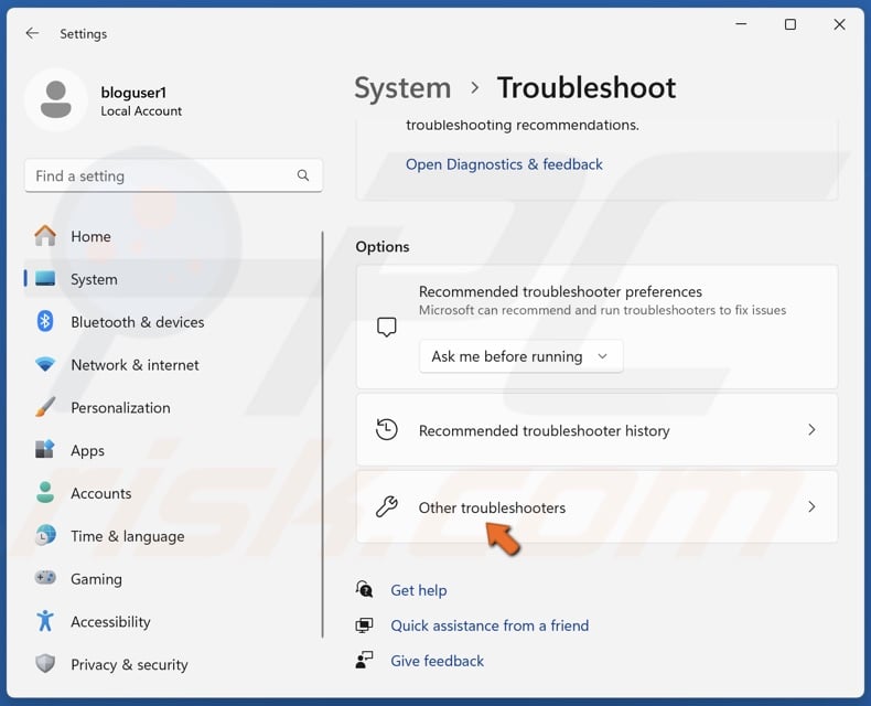 Select Other troubleshooters