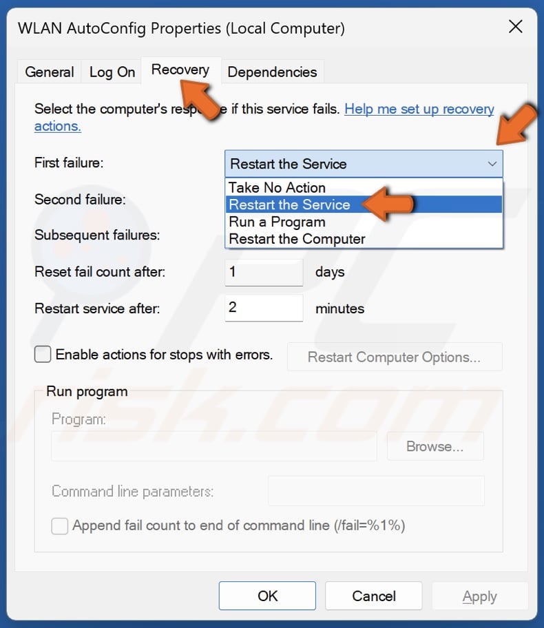 Select the Recovery tab, open the First failure menu and select Restart the Service