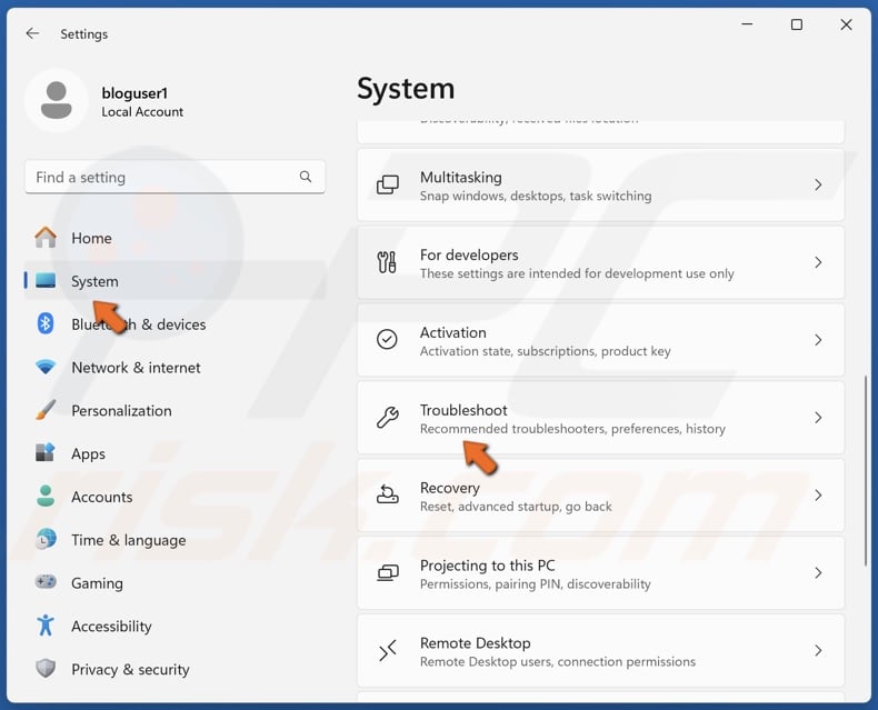 Select the System panel and click Troubleshoot