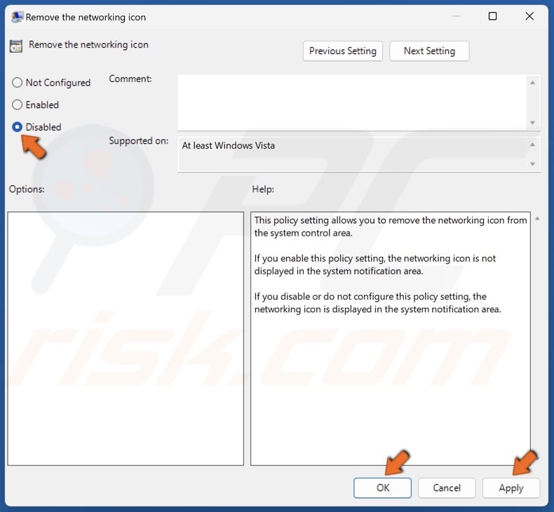 Tick Disable and click Apply and click OK