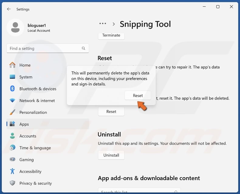 Click Reset when prompted
