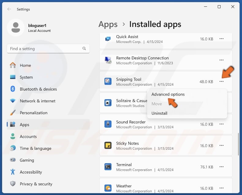 Click the three-dot button next to the Snipping Tool and select Advanced options