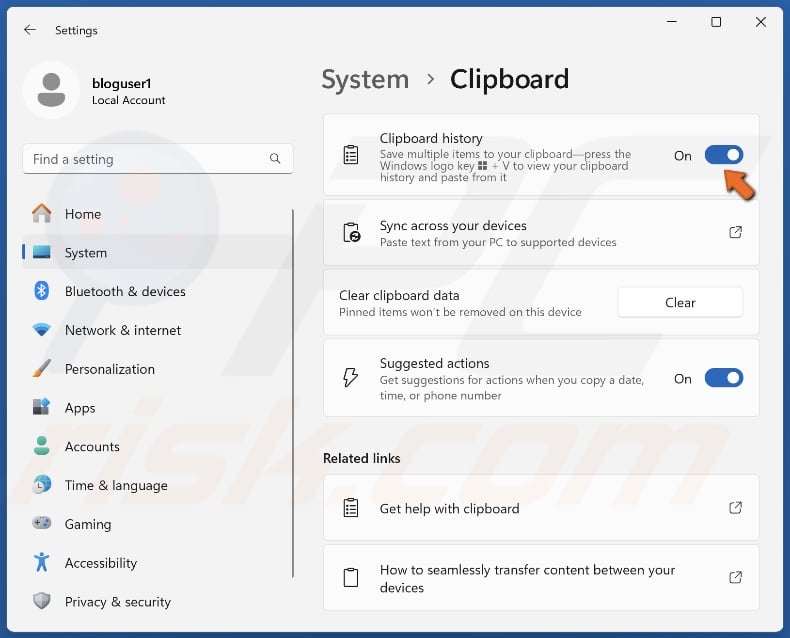 Toggle on Clipboard history