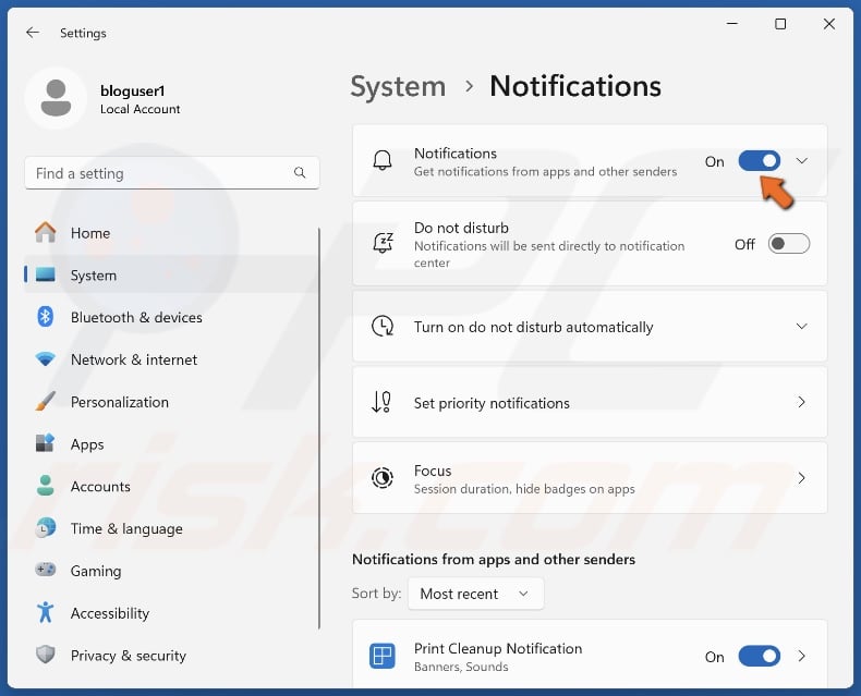 Toggle on Notifications